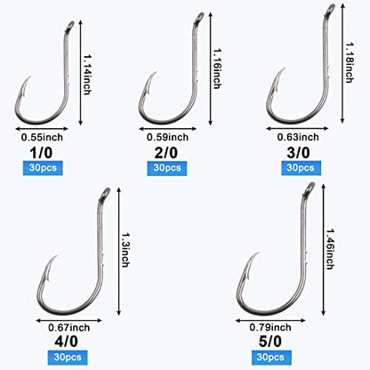 Octopus Baitholder Fishing Hooks Kit,130pcs Offset Octopus Circle Hooks Set Catfish J Hooks High Carbon Steel Barbed Jig Fishhooks for Freshwater Saltwater Size 1/0-5/0