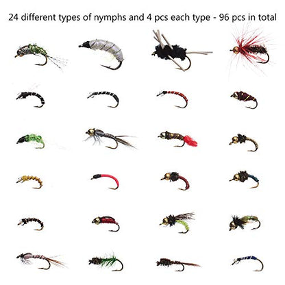 BASSDASH Fly Fishing Flies Kit Fly Assortment Trout Bass Fishing with Fly Box with Dry/Wet Flies, Nymphs, Streamers, Popper - style: 96 Pcs Nymphs Kit