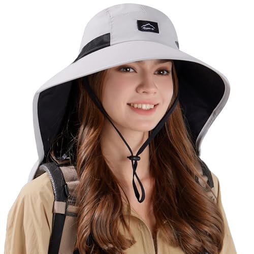 HUAMULAN Men Summer Sun Hat Women Safari Wide Brim Fishing Hats UV Protection Neck Flap Bucket Gardening Hiking Hunting Cap - color: Lightgray With Black Mesh