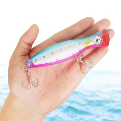 Large Top Water Popper Lure: 2pcs 3D Eyes Tuna Popper Saltwater Fishing Lures for Surf Fishing Gt Tuna Kingfish Large Predator Fish - color: Pink Purple