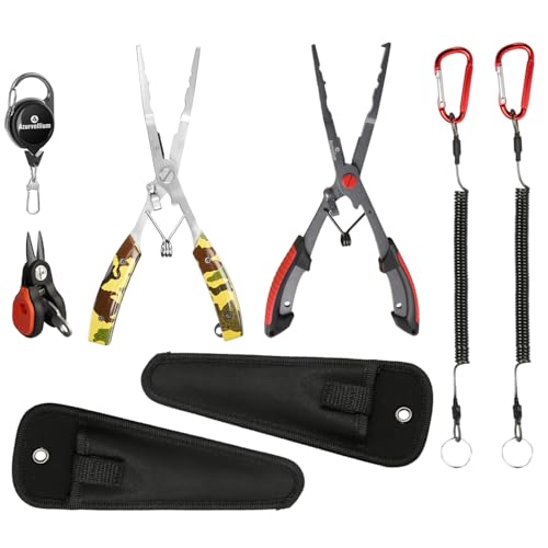 Fishing Pliers Kit 3 in 1 Fishing Tools Set with Long Nose Fishing Pliers Teflon Coated Needle Nose Pliers and Fishing Scissors Stainless Steel Fishing Tools for Saltwater Freshwater