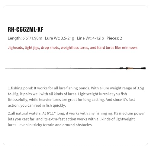 PURELURE Sharpen Fishing Rod 6'5'' - 9'2'' Spinning & Bait Casting Rod, M40JB+T1100G Carbon Fiber Blank, XF/MF Action Fishing Pole 2 Piece, Carbon Reel Seat Cork and EVA Handle, Fuji Guides - style: Casting: C662ml-xf-2pcs