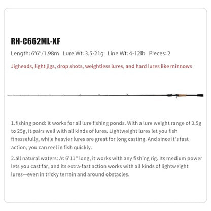 PURELURE Sharpen Fishing Rod 6'5''-9'2'' Spinning & Casting Rod L/ML/M/MH/H | M40JB+T1100G Carbon Fiber Blank, XF/MF Action Fishing Pole 2 Piece, Carbon Reel Seat Cork and EVA Handle, Fuji Guides - style: Casting: C662ml-xf-2pcs