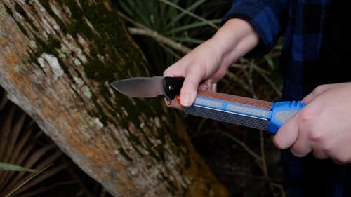 DMT Tristone Rotator Kitchen Knife Sharpener, Fine/Coarse/Extra-Fine Diamond Sharpening Stones, 15, 20 & 22° Angle Guides, Hunting Knife Sharpener with Non-Slip Handle, 8.75" L x 1.75" W x 1.5" H