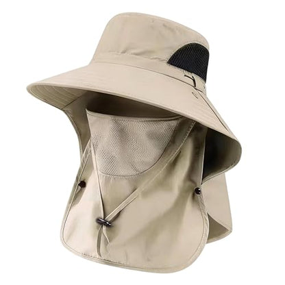 Sun Hat for Men and Women, UPF 50+ UV Protection, Wide Brim Breathable, Fish Hat with Neck Flap and Breathable Face Mask - color: Khaki