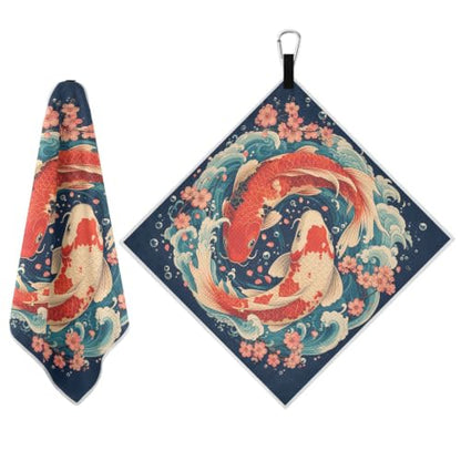 Fish Flowers Magnetic Golf Towel for Golf Bags Microfiber with Clip | Golf Essentials for Women Men Attaches to Carts and Clubs 17.7"x17.7"