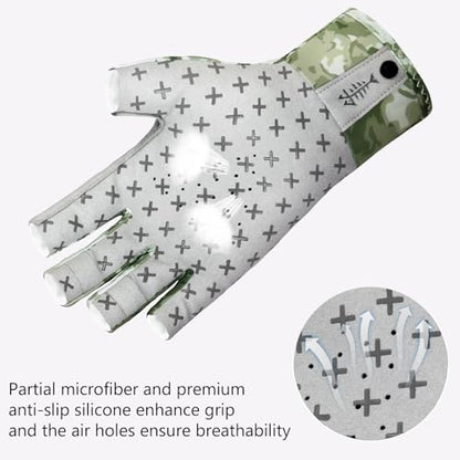 BASSDASH 3/4 Finger UPF 50+ Sun Gloves Breathable Anti-Slip Silicone Palm for Men Women Fishing Fingerless Cycling Running - color: Moss Shadow Camo, size: Medium