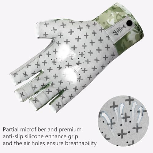 BASSDASH 3/4 Finger UPF 50+ Sun Gloves Breathable Anti-Slip Silicone Palm for Men Women Fishing Fingerless Cycling Running - color: Moss Shadow Camo, size: Large
