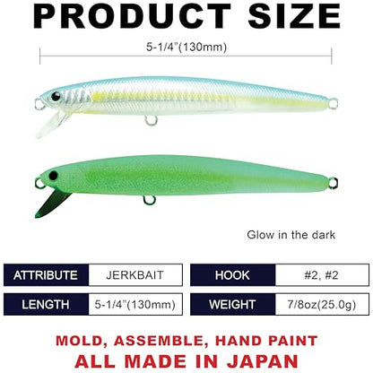 LUCKY CRAFT FlashMinnow 130MRS Saltwater Fishing Lures, Jerkbait for Halibut and Bass Fish, Slow Sinking 2-4ft, Surf Fishing Gear and Tackle Box Accessories - color: 653 Super Glow OB Sexy Smelt
