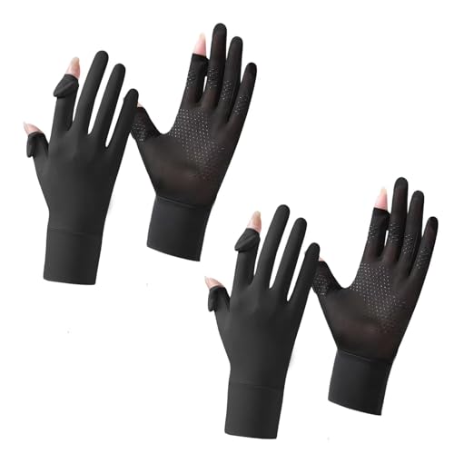 2 Pairs Women's UV Sun Protection Sunblock Gloves Full Finger Breathable Non-Slip Touchscreen Driving Gloves - color: Black