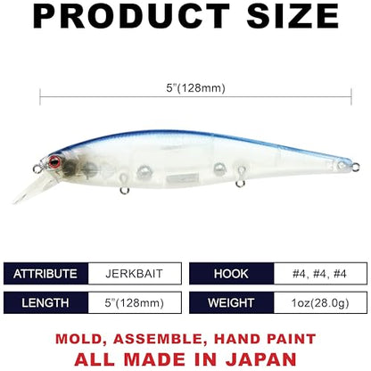 LUCKY CRAFT Pointer 128SP, Freshwater Lake Bass Fishing Lure, Jerkbait, Suspending, Fishing Gear, Fishing Accessories, Fishing Tackle - color: 369 Crystal Pro-Blue
