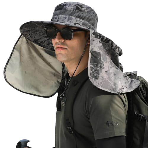 HUAMULAN Men Summer Sun Hat Women Safari Wide Brim Fishing Hats UV Protection Neck Flap Bucket Gardening Hiking Hunting Cap - color: Hyp016-shenhui-smo