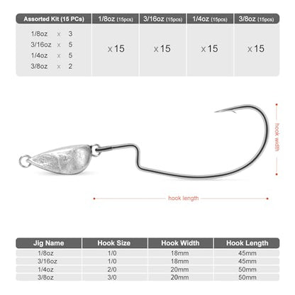 OJY&DOIIIY Weighted Texas Rig Hooks, Weedless Swimbait Jig Heads for Bass Fishing 1/8 3/16 1/4 3/8oz - style: 1/8oz,15 Pack