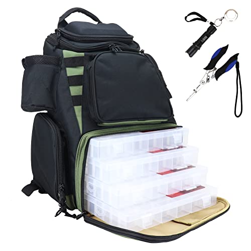 OSAGE RIVER Fishing Backpack, Fits 4 Large Tackle Boxes MOLLE Webbing Rod Holder Waterproof Cover, Includes Pliers Flashlight - color: With Accessories, size: Medium
