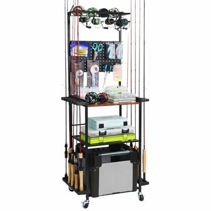 Aventik Fishing Rod Holders For Garage, 3-Tier Fishing Rod Rack Store 12 Rods& 8 Reels, Heavy Duty Pegboard Freestanding Rod Rack