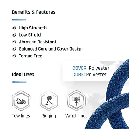 Pelican Rope High Strength Low Stretch Versatile Polyester Double Braid 100% Polyester Core and Cover The Ape Rigging Rope 5/8" x 200 ft. Blue - 17,000 lbs Tensile Strength - size: 5/8" x 200 ft.