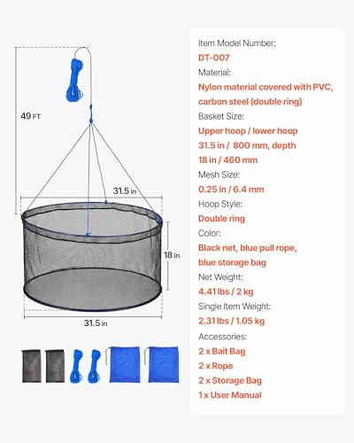 VEVOR Foldable Fishing Net, Landing Fishing Pier Nets 31.5" Hoop, Portable Drop Net for Pulling up Fish, Durable and Fish-Friendly, with Rope and Storage Bag, for Minnows, Crawfish, Shrimp, Crab