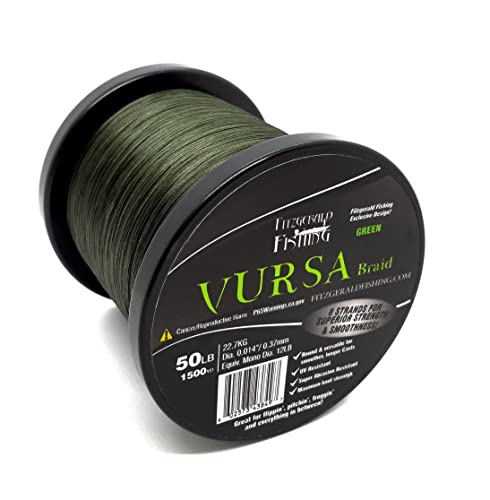 Fitzgerald Vursa Braided Green Professional Graded Power Fishing Line 150/300/1500 Yd, Smooth 8 Strands, Extremely Thin, Heavy Duty, Superior Knot Strength, Longer Casting, Fade Resistant, 10-80 Lb - size: 1500yd