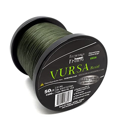 Fitzgerald Vursa Braided Green Professional Graded Power Fishing Line 150/300/1500 Yd, Smooth 8 Strands, Extremely Thin, Heavy Duty, Superior Knot Strength, Longer Casting, Fade Resistant, 10-80 Lb - size: 1500yd