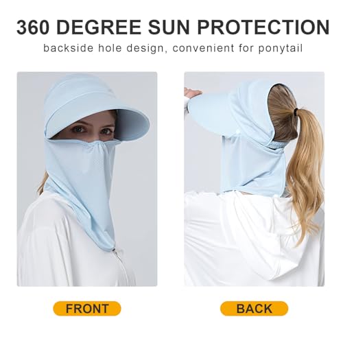 Women Wide Brim Face Mask Sun Hat Detachable Neck Face Flap Ponytail UV Protection Visor Hat Garden Fishing Hiking - color: Bg8094-lightblue