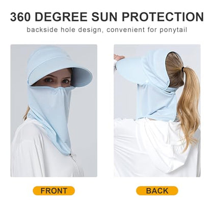 Women Wide Brim Face Mask Sun Hat Detachable Neck Face Flap Ponytail UV Protection Visor Hat Garden Fishing Hiking - color: Bg8094-lightblue
