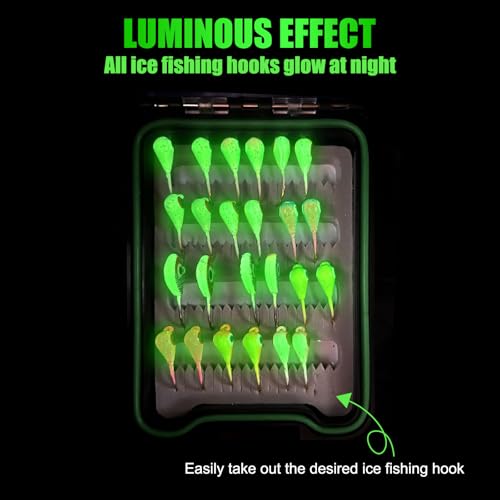 Ice Fishing Lures Kit, 24pcs Micro Bright Jig Heads for Panfish, Crappie, Walleye, Perch, Trout, Bluegill Ice Fishing Hooks Set with Waterproof Tackle Box