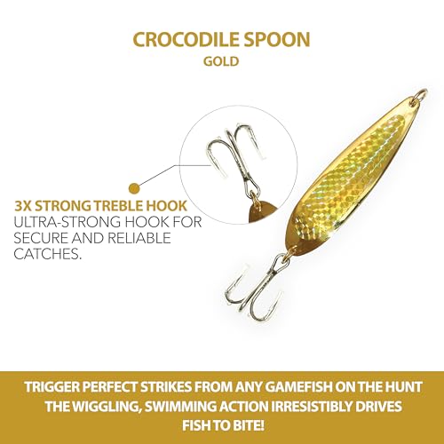 Crocodile Spoon Fishing Lures 3oz, 6 Pcs Gold with Gold Tape and Treble Hooks, for Saltwater & Freshwater Casting, Includes Heavy-Duty Hook Setup, Ideal for Tuna, Bass, Trout, Walleye & More