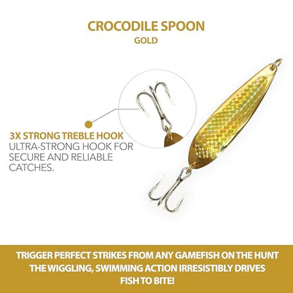 Crocodile Spoon Fishing Lures 3oz, 6 Pcs Gold with Gold Tape and Treble Hooks, for Saltwater & Freshwater Casting, Includes Heavy-Duty Hook Setup, Ideal for Tuna, Bass, Trout, Walleye & More