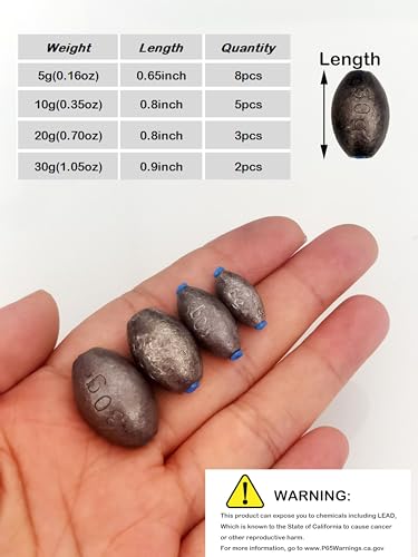 Oval-Shaped Fishing Sinker Weights Egg Bullet Weights with Inner Core Fishing Weight Sinkers Assortment 18pcs/30pcs for Saltwater Freshwater Fishing