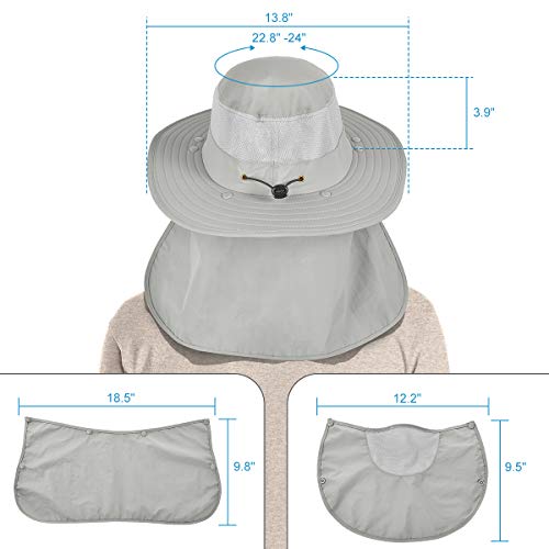 IYEBRAO Mens Outdoor Sun Hat with Face Neck Flap UV Protection Wide Brim Fishing Hat for Hiking Safari Gardening UPF 50+ - color: Light Gray