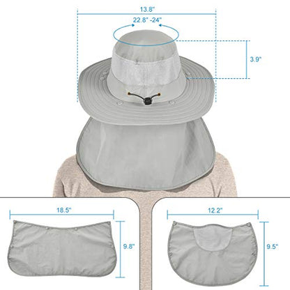 IYEBRAO Mens Outdoor Sun Hat with Face Neck Flap UV Protection Wide Brim Fishing Hat for Hiking Safari Gardening UPF 50+ - color: Light Gray