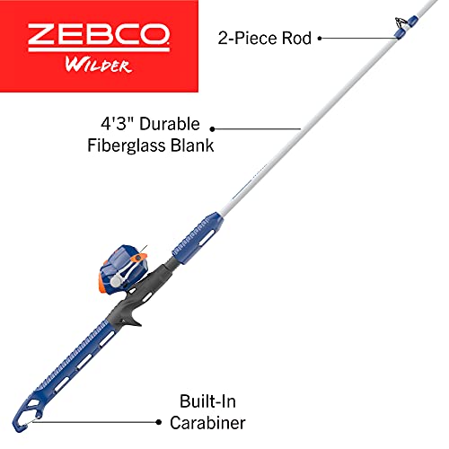 Zebco Wilder Fishing Reel and Rod Combo, 4'3" Durable Fiberglass Rod with Built-In Carabiner, Patented No-Tangle Reel, Pre-Spooled with 6-Pound Zebco Cajun Fishing Line - style: Spincast Reel - 2pc Rod