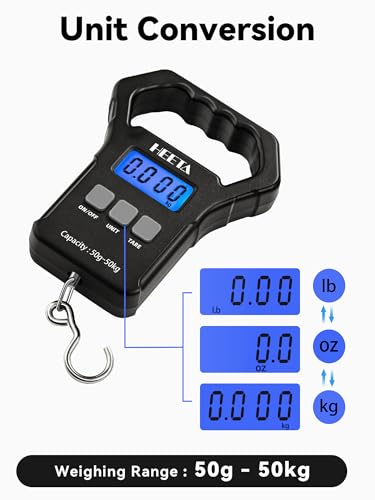 HEETA Fish Scale, 110lb/50kg Digital Portable Hanging Fishing Weight Scale with Backlit LCD Display, Luggage Scale with Hook, Non-Slip Large ABS Handle & 2 AAA Batteries, Fishing Gifts Gear for Men - color: Black