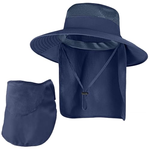 Sun Hats for Men Women Fishing Hat UPF 50+ Breathable Wide Brim Bucket Hats Summer UV Protection Safari Hat with Neck Flap - color: Navy Blue (With Face Cover)