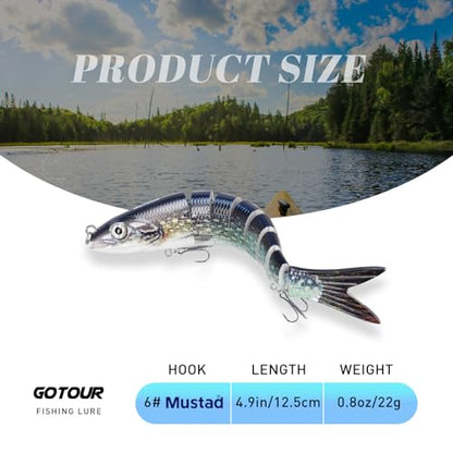 GOTOUR Jointed Swimbaits, Easy Catch Fishing Lures for Bass Trout Crappie | Wiggling Vibrating Rattling Gurgling for More Bites, Heavy-Duty Dyneema Fiber, Slow Sinking, Fresh & Saltwater Fishing Baits - color: A3-5"-0.8oz