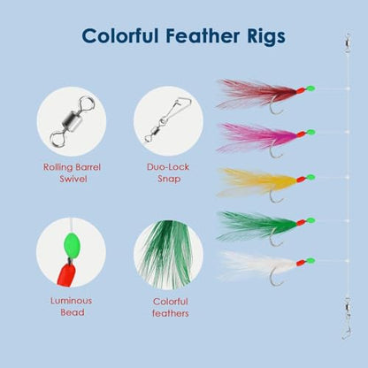 10 pcs Mackerel Feathers Rigs Saltwater, Pre-Tied Sea Fishing Bait Rigs with Luminous Colorful Feathers/Luminous Beads Bionic Flying Insects, Lure Rigs for Mackerel, Pollock, Cod, Bass - size: Hook Size 12, style: Style 2