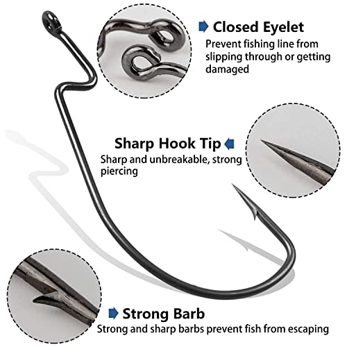 Offset Bass Fishing Hooks, 100pcs Wide Gap Worm Hooks 3X High Carbon Steel Bait Jig Fish Hooks for Bass Trout Saltwater Freshwater - size: 100pcs-1#