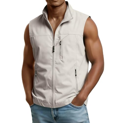 Mens Golf Vest Waterproof Fishing Shirt Zip Up Sleeveless Jacket with Pockets Outdoor Camping Hiking Shirts Travel Photo Vest - color: A02 Beige, size: XX-Large