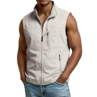 Mens Golf Vest Waterproof Fishing Shirt Zip Up Sleeveless Jacket with Pockets Outdoor Camping Hiking Shirts Travel Photo Vest - color: A02 Beige, size: X-Large