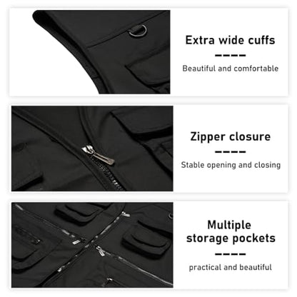 TOLOER Men's Summer Fishing Vest Multi Pockets Casual Vests Waterproof Quick Dry Outdoor Mountain Photography - color: Black, size: Medium