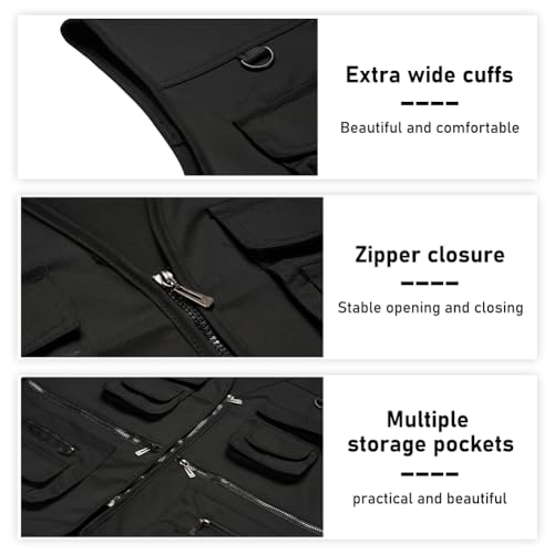 TOLOER Men's Summer Fishing Vest Multi Pockets Casual Vests Waterproof Quick Dry Outdoor Mountain Photography - color: Black, size: Large
