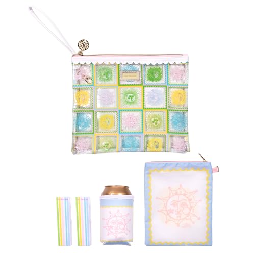 Lilly Pulitzer Water Resistant Vinyl Beach Day Pouch, Zipper Bag Includes Drink Hugger, Small Pouch, and Towel Clips - color: Sun Tiles Home