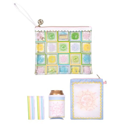 Lilly Pulitzer Water Resistant Vinyl Beach Day Pouch, Zipper Bag Includes Drink Hugger, Small Pouch, and Towel Clips - color: Sun Tiles Home