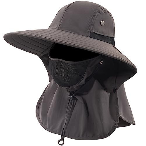 Mens Women Fishing Hat UPF 50+ Wide Brim Sun Hat with Face Cover & Neck Flap - color: Dark Gray