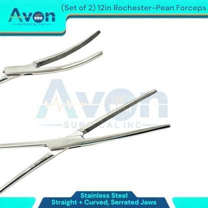 Pack of 2pcs - 12" Pean Hemostat Forceps with Serated Jaws | Curved + Straight | Autoclave-Safe Stainless Steel Fishing Pliers, Multi-Purpose