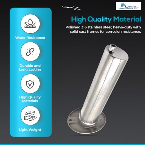 Marine City Heavy Duty Strong 316 Stainless-Steel Gloss Polished Finish Flush Mount Angled Fishing Rod Pole Holder with Drain 15 Degree