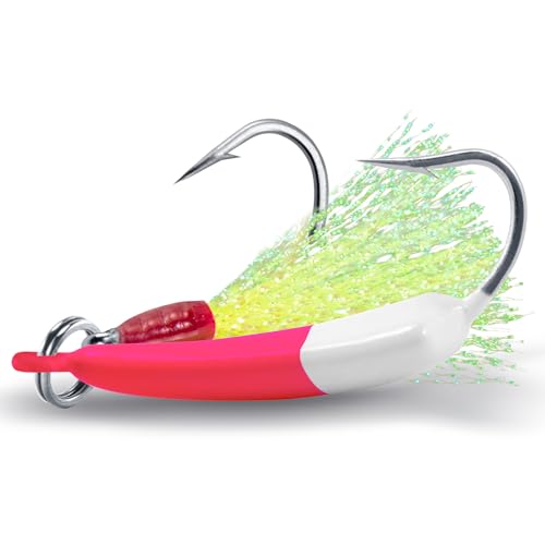 Dr.Fish 5 Pack Pompano Jigs with Teaser Hooks, Surf Fishing Jig Heads Saltwater Lure Banana Shape Stand Up O'Shaughnessy Beach Casting Halibut Striper Redfish Flounder - color: Pink/White, size: 1oz-Hook 4/0