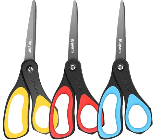 iBayam 8.5" All Purpose Nonstick Scissors, Titanium Scissors for Kids Craft | 2.5mm Blade| Comfort Grip Right/Left Handles| Multipurpose | Cutting Tape, Glue, Adhesive Labels, Paper Fabric - color: Yellow, Blue, Red, size: 3-Pack