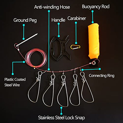 Fishing Stringer Live Fish Lock, Stainless Steel Fish Stringer Clip, Big Fish Wire Rope Cable with Float and Plastic Handle, Fishing Holder Kit with High Strength 10 Snaps/Buckles - size: 5m