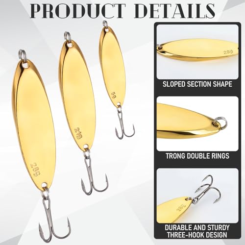 Shappy 15 Pcs Fishing Spoons Lures Treble Hooks Fishing Spoons 3 Sizes Hard Metal Casting Spoon Lures for Bass Trout Salmon Freshwater Saltwater in 1/5 3/4 1 oz - color: Gold